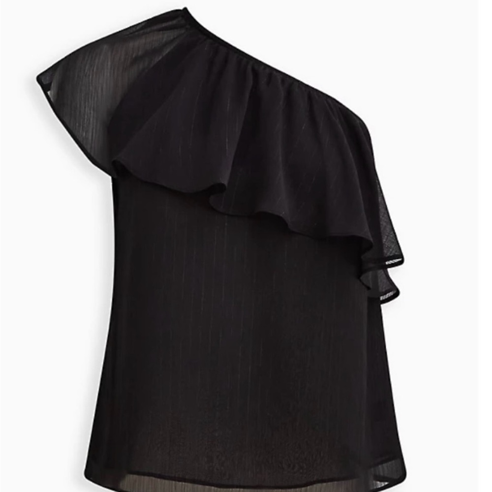 NWT Torrid Size 2 One-Shoulder Ruffle Blouse--Crinkle Chiffon and Lurex Black